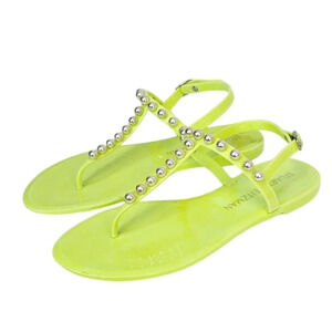 Stuart Weitzman Womens Goldie Jelly Sandals Size 10 Green Thong Buckle Pearl